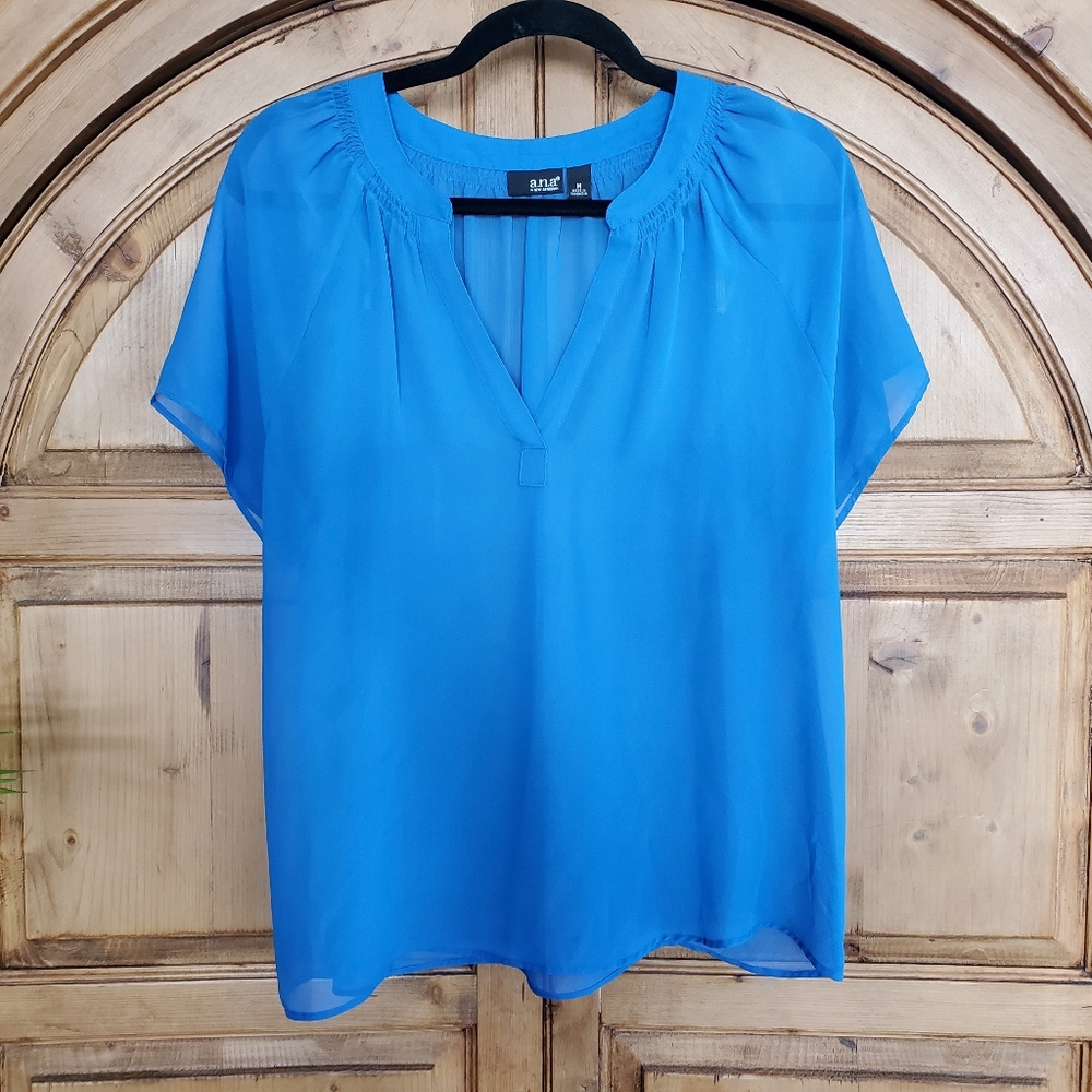 a.n.a Sheer Blue Short Sleeve Blouse Size M